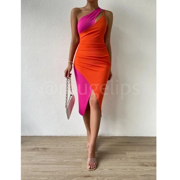 2 Tone Hot Pink Orange One Shoulder Asymmetrical Bodycon Dress Midi Ribbed - Picture 5 of 12